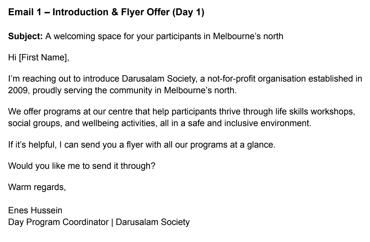 Outreach email to support coordinators
