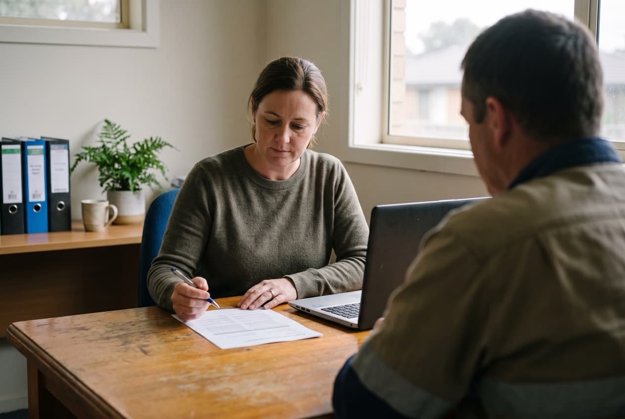 A consultant reading a printed document at a small office desk while a client sits across from her