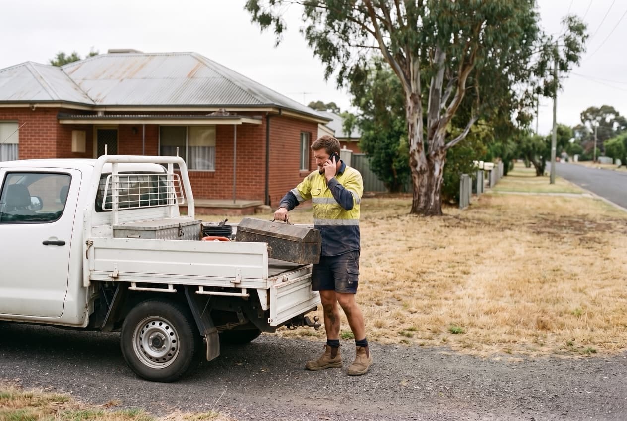 A plumber on the phone lifting a toolbox from the tray of a ute outside a brick house in a country town