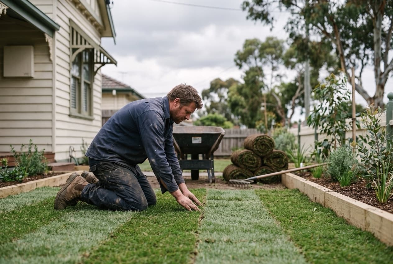 A landscaper kneeling on new turf in a suburban front yard, pressing two rolls together beside a fresh garden bed
